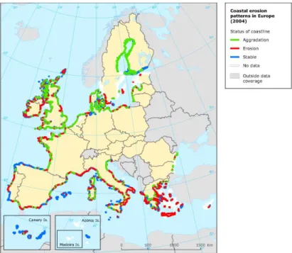 Figura 2.1: Patrones espaciales de erosión costera en Europa (2004). Fuente: Agencia  Europea del Medioambiente 