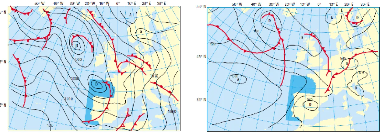 Figura 2.4: Situaciones sinópticas típicas del invierno (a- perturbación sobre el Cantábrico)  y del verano (b-dorsal anticiclónicas sobre el Cantábrico)