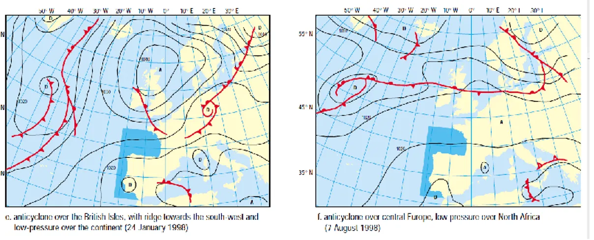 Figura 2.6: Situaciones sinópticas con flujo del NE (a) y pantano barométrico (b). Fuente:  OSPAR Commission (2000)