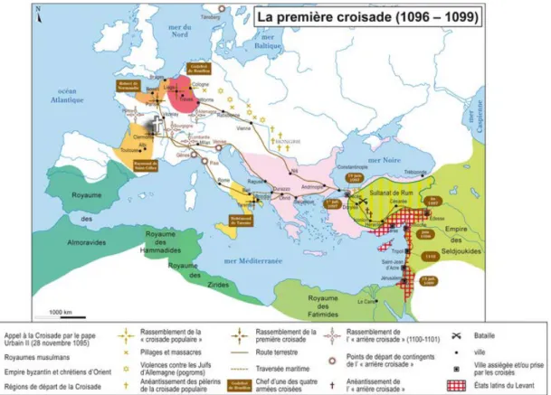 Figura 2: Mapa de la Primera Cruzada. Se puede observar el trayecto seguido por los integrantes de la 