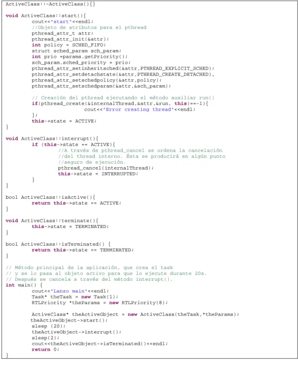 Tabla 2: Codigo RT-Java del ejemplo de implementación del patrón ActiveObject 