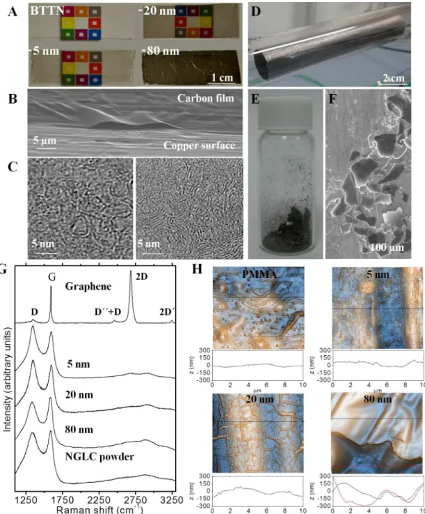 Fig 1. Images and characterization of nanocrystalline glass-like carbon (NGLC) films using different microscopy techniques (optical, electron microscopy and atomic force microscopy (AFM))