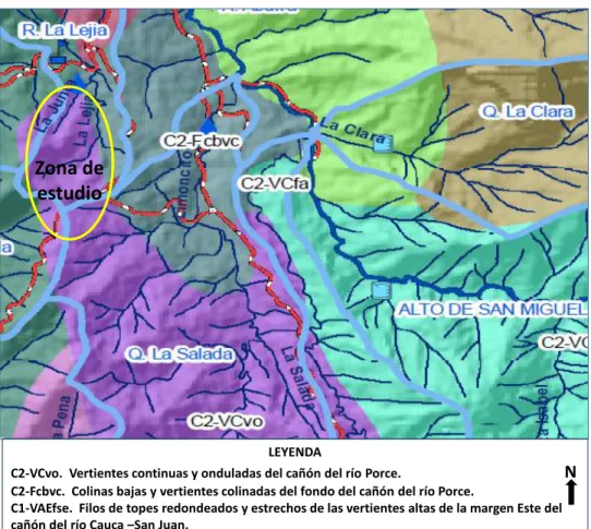 Figura 4.4  Localización de la zona de estudio con respecto a la unidad de  vertientes continuas y onduladas del cañón del río Porce 