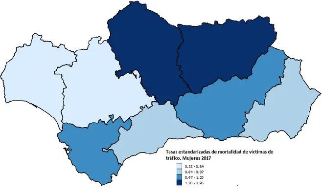 Fig. 11. Tasa estandarizada de mortalidad para mujeres por accidentes de tráfico por provincias en  Andalucía