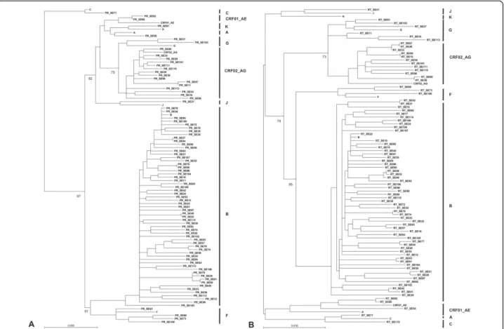 Figure 2 Phylogenetic analyses derived from protease (A) and reverse transcriptase (B) sequences from HIV-1-infected immigrants from Southern Spain