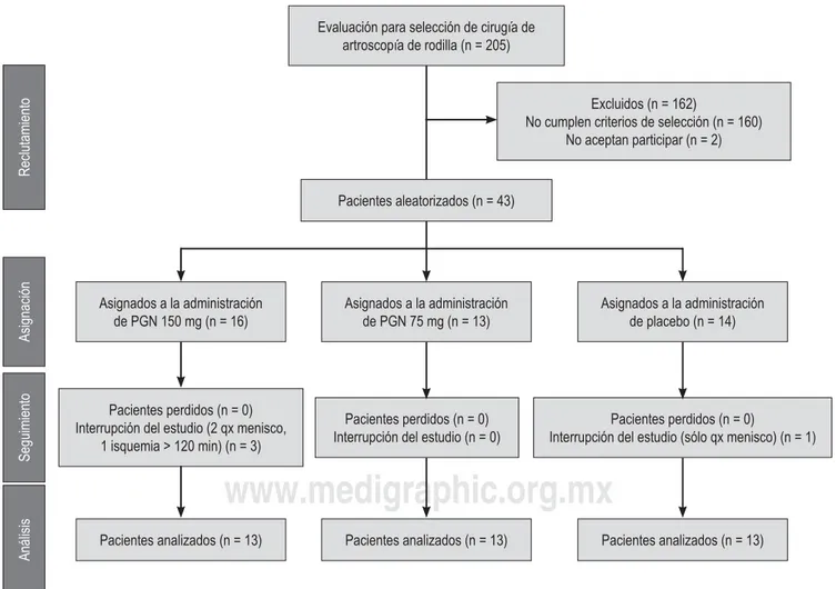 Figura 2:  Diagrama de fl ujo a través de las fases del ensayo clínico aleatorizado paralelo de tres grupos, según la declaración de CONSORT 2010.