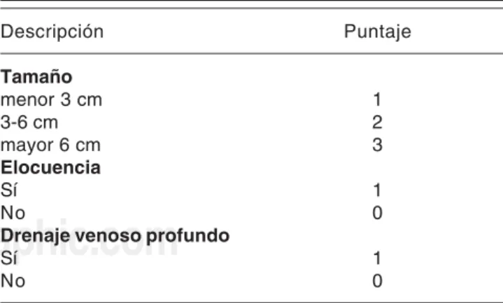 Cuadro I. Escala de Spetzler – Martin para MAVs.