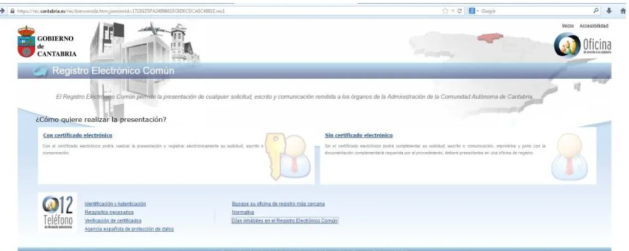 Figura  9  Captura  de  la  pantalla  de  acceso  al  Registro  Electrónico  Común.  Fuente:  https://rec.cantabria.es/rec/bienvenida.htm 