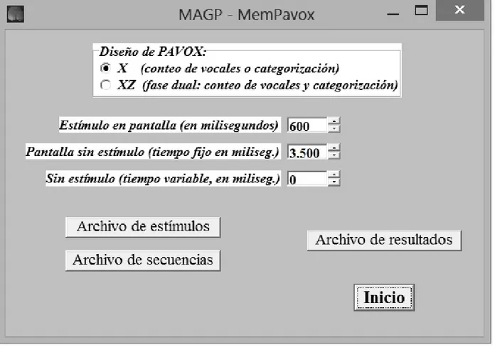 Figura 2. Ventana principal del programa MemPavox. Nótese los botones que abren las ventanas en donde se indican cuáles son los archivos de estímulos y secuencias y se asigna un nombre al archivo de resultados