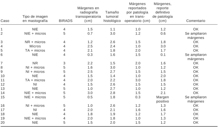 CUADRO 1. CORRELACIÓN DE VARIABLES EN 20 CASOS DE TUMORES PALPABLES.