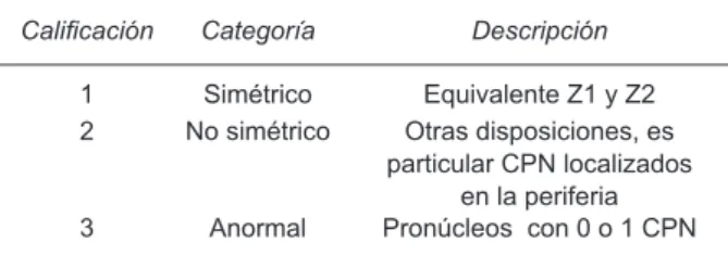 Cuadro 2. Sistema de clasificación de pronúcleos  Calificación Categoría Descripción