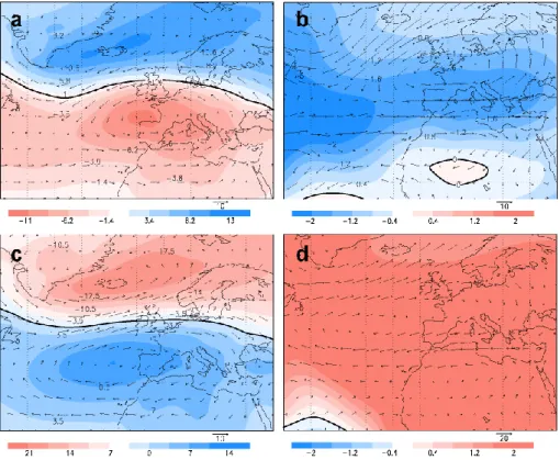 Fig. 4. Composite maps of SLP (hPa) and wind (m s − 1 ) at 850 hPa (a) and velocity potential (× 10 6 m 2 s − 1 ) at 200 hPa (b) for extreme CWD (PC1) in winter
