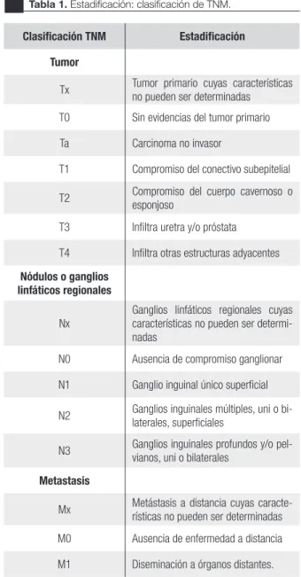 Tabla 1. Estadiﬁcación: clasiﬁcación de TNM.