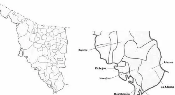 Figura 1. Ubicación geográfica de la comunidad de la Aduana, Etchojoa y el Ej.  Melchor 