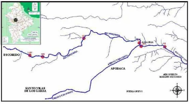 Figura 1. Mapa referenciando las estaciones de muestreo Carretera a Colombia (1-CC), Carretera a  Laredo (2-CL), Santa Rosa (3-SR), Apodaca (4-P), Agua Fría (5-V) y Zacatecas (6-Z) ubicadas en el  Río Pesquería.