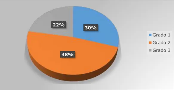 Figura 1. Distribución de los pacientes con lesiones escrotales según grados de varicocele