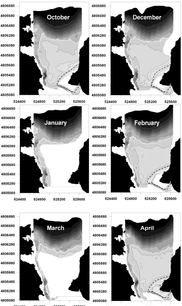 Fig. 4.- Batimetrías mensuales de la desembocadura del estuario del Oka. Los meses de Mayo, Julio, Septiembre, Octubre y Diciembre de 2005,  Febrero y Abril 2006 incluyen además la información topográﬁca de las zonas intermareales