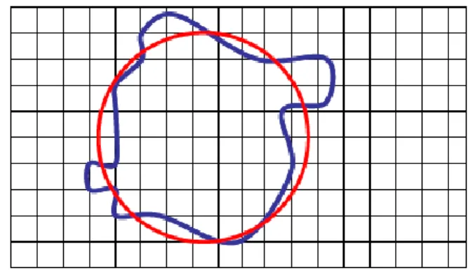 Figure  2.1  shows  a  projection  of  an  irregular  particle  (blue  trace).  Setting  the  area of this projection is possible to estimate the diameter of a circle equivalent  (figure  red  line)