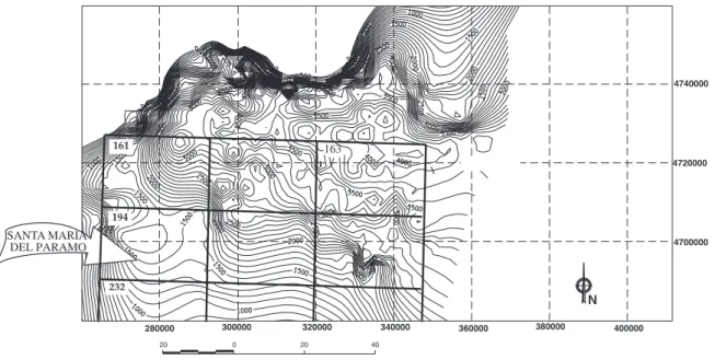 Fig. 9.- Mapa Isobatas del Techo del Basamento-Base del Mesozoico. Intervalo de contornos:100m