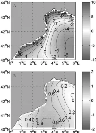 Fig. 3. – a, first spatial variance eof mode for the monthly mean  sWH; B, second spatial variance eof mode for the monthly mean 