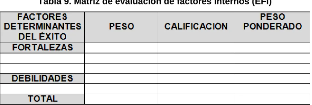 Tabla 9. Matriz de evaluación de factores internos (EFI) 