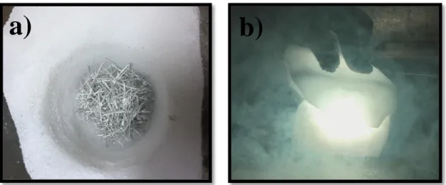 Figura 10.  a) Magnesio metálico en hielo seco. b) Quema de Magnesio en atmosfera de  CO 2.