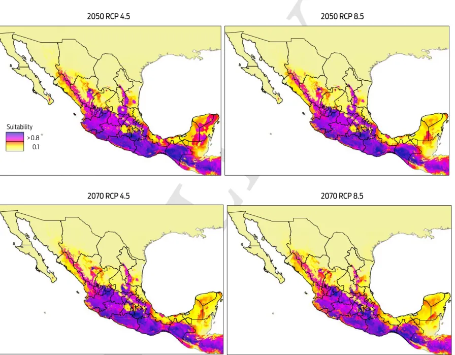 Figure 4.  Modelled suitability for future distribution of  Desmodus rotundus according to Global Climate Model GFDL-CM3 for two time periods (2050 and 2070), and 