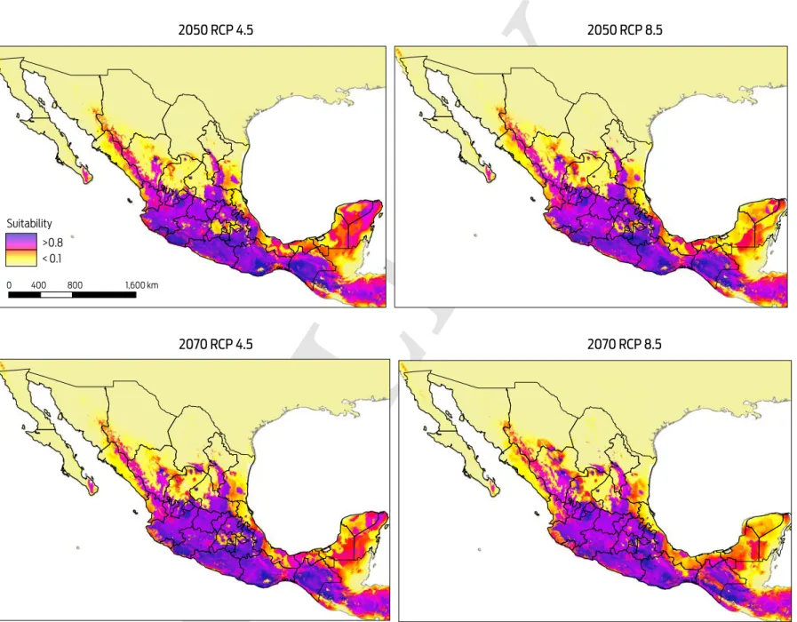 Figure 5.  Modelled suitability for future distribution of  Desmodus rotundus according to Global Climate Model HadGEM2 for two time periods (2050 and 2070), and 