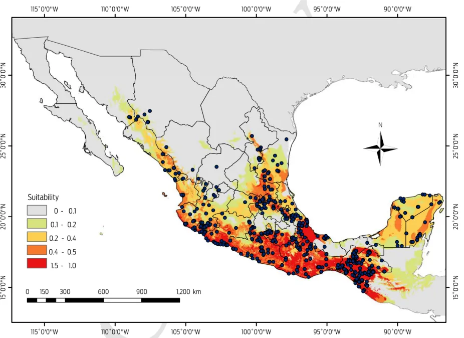 Figure 3.  Current areas in Mexico identified as suitable for  Desmodus rotundus using MaxEnt model