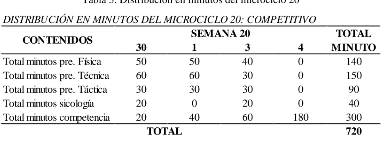 Tabla 3. Distribución en minutos del microciclo 20 