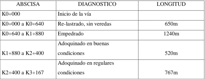 Tabla Nº3.- Diagnostico de la vía existente.