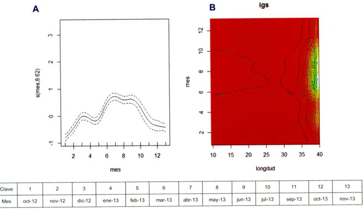 Figura 20. Comportamiento del IGS de C. concolor. A. Las lineas discontinuas  muestran los limites de confianza y Ia linea continua es Ia tendencia del modelo