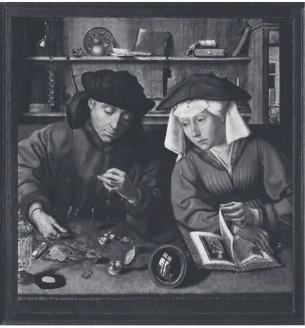 Figura 2.  El cambista y su mujer. En esta obra la presencia del espejo  convexo, dispuesto en la parte inferior de la imagen refleja otra dimensión 