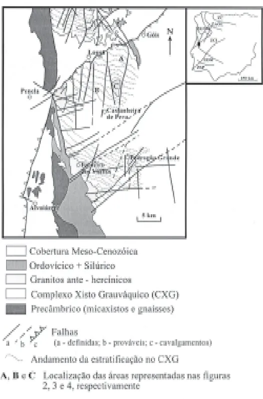 Figura 1. Localização da área em estudo, enquadramento geotectónico e elementos da geologia regional.