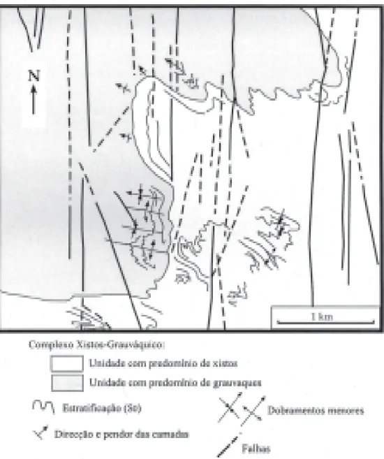 Figura 2. Dobramentos e fracturação cartografados no Complexo Xisto-Grauváquico, corresponden- corresponden-tes ao local A da figura 1.