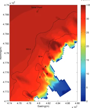 Fig. 11. Average wave power map of the coastal zone marked in Fig. 10 with the lo- lo-cations (A, B, C and SIMAR) at which the characterization matrices are reconstructed.