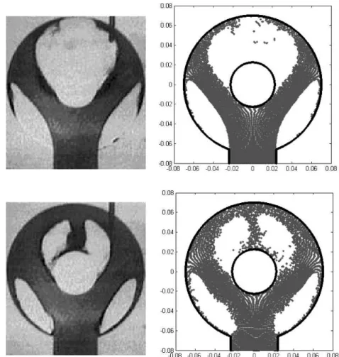 Figure 3: Mould filling:Experimental (left) and numerical (right) results.