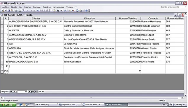 Tabla 11: Ejemplo de bases de datos en Access que podría ser utilizada para la cartera de  clientes de la empresa El Pacífico VIDA Cía