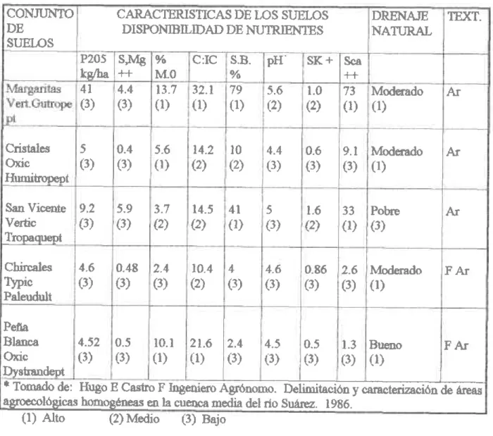 TABLA  7. CARACTERTSfiCAS FTSICO-QUTMCAS  DE r,OS SUEI¡S*