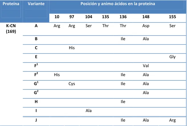 Tabla 5. Diferencias en la posición de los aminoácidos en las variantes genéticas de la kappa – caseína