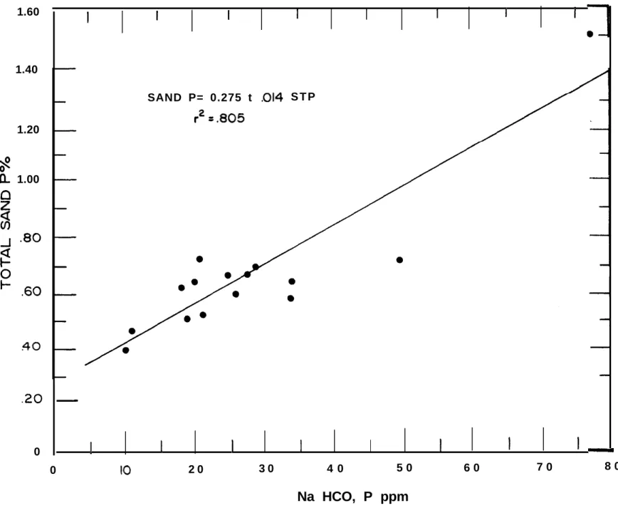 FIGURE 2. The  relationship between total P  in  sand and HCO  - -soil: first sampling phase, Malambito.