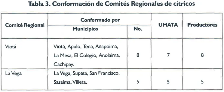 Tabla 3. Conformación de Comités Regionales  de cítricos