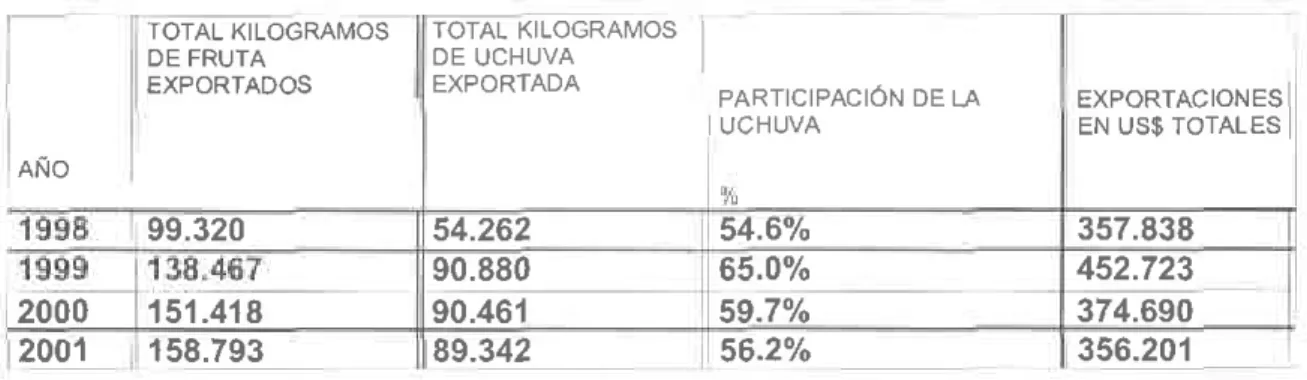 Tabla 2. Porcentaje  de participación  de la uchuva exportada  enAntioquia  (1998-2001)