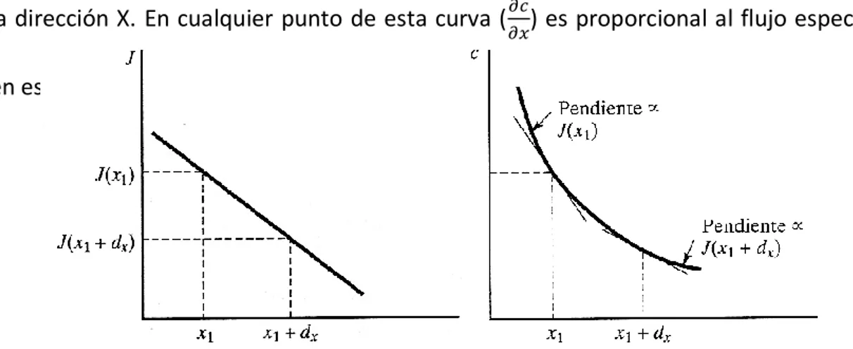 Figura 1.3.  El Flujo de difusión varía de  un punto a otro en el estado no estacionario