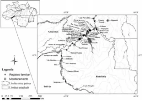 Figura 1.  Localização da área de estudo na bacia do rio Madeira, estado de Rondônia,  com indicação dos pontos amostrais.