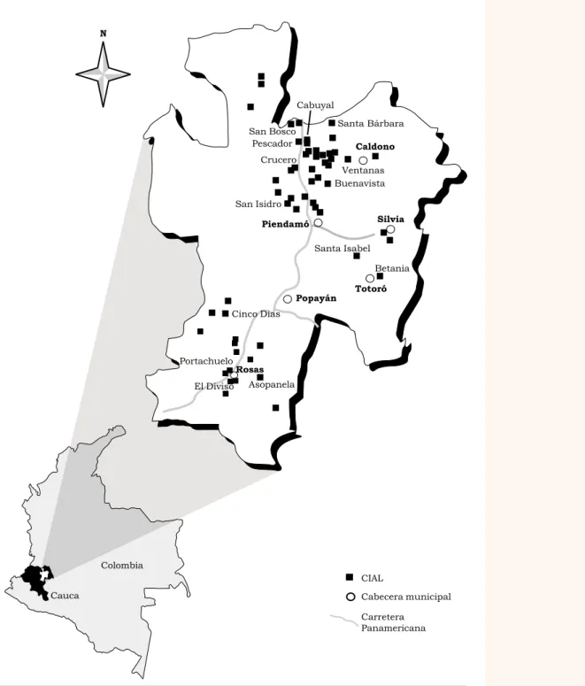 Figura 2 .    Los CIAL en el departamento del Cauca, al sur de Colombia.