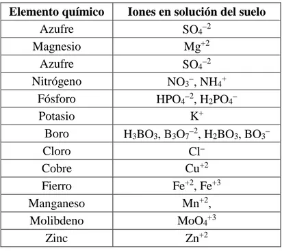Tabla 4. Formas químicas de los nutrientes requeridos por las plantas  Elemento químico  Iones en solución del suelo 