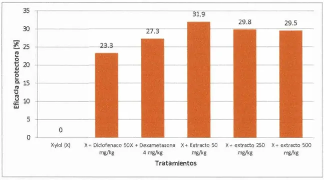 Figura  Nº  02.  Porcentaje de  eficacia antiintlamatoria del  extracto  metanólico de  Erythroxylon  coca  sobre  el  edema auricular inducido  por xylol  en  ratas