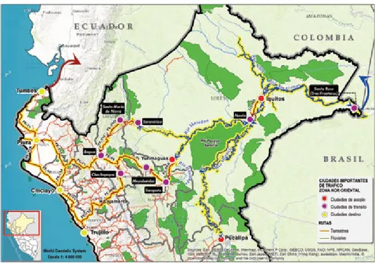 Figura 2. Rutas del tráfico ilegal de fauna silvestre en la zona nor-oriental del Perú