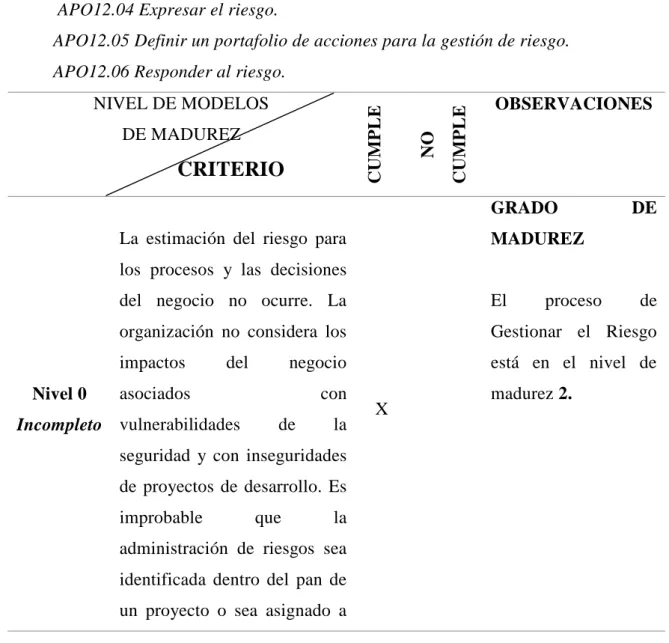Tabla 8: Modelo de Madurez APO12 